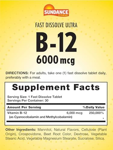 Sundance Fast Dissolve Vitamin B12 6000Mcg 30 Tablets Natural Berry Flavor Vegetarian Nongmo And Gluten Supplement