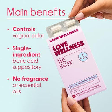 Love Wellness 600mg Boric Acid Vaginal Suppositories For internal use Fragrance free paraben free Individually wrapped for freshness Capsule shaped design Women s wellness
