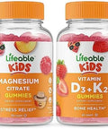Lifeable Magnesium Citrate Kids + Vitamin D3 + Vitamin K2 Kids Gummies Bundle Great Tasting Vitamin Supplement Gluten Gmo Chewable Gummy
