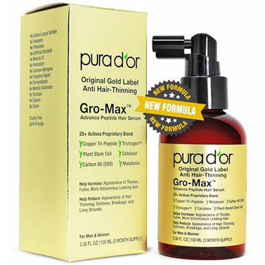 Pura D'Or 3.38 Oz Gro-Max Advanced Peptide Hair Serum ( Formula) Plant Stem Cell Catalase Copper Tri-Peptide C60 Biotin Melatonin Trichogen Caffeine Rosemary - Stronger Thicker Hair
