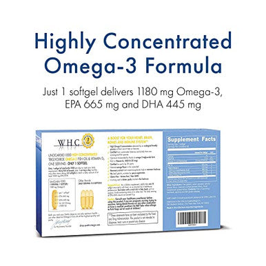 WHC UnoCardio 1000 Fish Oil 1300 mg of Pure Triglyceride Fish Oil with Omega3 1180 mg 665 mg EPA and 445 mg DHA and 25 mcg 1000 IU Vitamin D3 per softgel Natural Orange 60 softgels