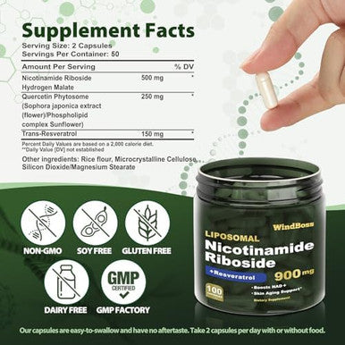 Windboss.Nad Supplement, Liposomal Nad Nicotinamide Riboside Resveratrol 900Mg Resveratrol, Quercetin, Nad Resveratrol Supplement For Anti-Aging, Energy, Focus - 100 Capsules