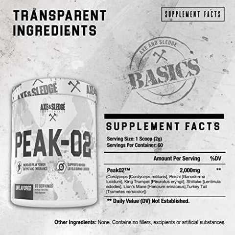 Axe & Sledge Supplements Peak-O2 Basics Powder Supports Exercise Performance Endurance And Power Output Unflavored Contains No Artificial Substances Fillers Or Excipients 60 Servings