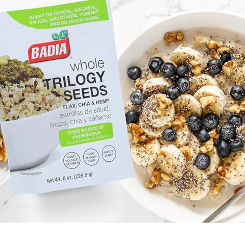 Badia Trilogy Health Seed, Flax, Chia, Hemp Seeds Blend, 8 oz ÃƒÂ¢Ã¢â€šÂ¬Ã¢â‚¬Å“ High Fiber Superfood Mix, Omega-3