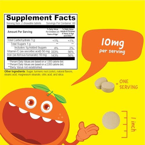 Vitaworks Kids Iron 10Mg With Vitamin C 50Mg Chewable Tablets Tasty Natural Flavored Vegan Vegetarian Gmo Nut Dietary Iron Supplement Blood Formation For Children 120 Chewables