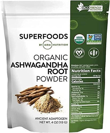Mrm Nutrition Organic Ashwagandha Root Powder Superfoods Ancient Adaptogen Antioxidants Vegan + Gluten 113 Servings
