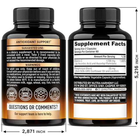 Nutraharmony Liposomal Vitamin C 1700 Mg - High Absorption Fat Soluble Complex - Antioxidant Energy Boost & Immune Support - Vitamin C Supplement Made In Usa - Non-Gmo Soy-Free & Gentle On Stomach 180 Capsules