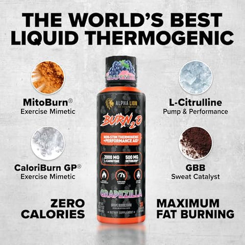 Alpha Lion Stubborn Fat Loss Stack Superhuman Burn Pre Workout Burn2O Liquid L-Carnitine 2000Mg (Grapezilla) 2-In-1 Thermogenic Fat Burning Stack For Men & Women