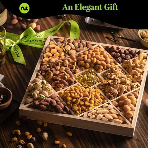 NUT CRAVINGS - Purim Mishloach Manot Mixed Nuts Gift Basket in Reusable Diamond Wooden Tray + Green Ribbon (12 Assortments) Ramadan Gifts Treats for Adults, Healthy Snack Care Package, Kosher
