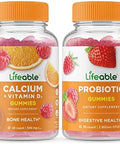 Lifeable Calcium With Vitamin D + Probiotic 2 Billion Cfu Gummies Bundle Great Tasting Vitamin Supplement Gluten Gmo Chewable
