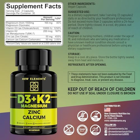 Elements Vitamin D3 K2 With Magnesium Glycinate + Zinc & Calcium Magnesium 1500Mg D3 10000 Iu K2 (Mk7) 200Mcg Zinc 50Mg Calcium 50Mg Immunity Bone & Recovery Support Vegan Non-Gmo