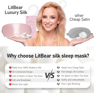 Litbear 100% 22 Momme Mulberry Silk Sleep Mask - 3D Contoured Eye Mask For Men Women Soft Breathable Sleeping Mask With Adjustable Strap Perfect Blocks Light For Sleeping (Pale Pink)