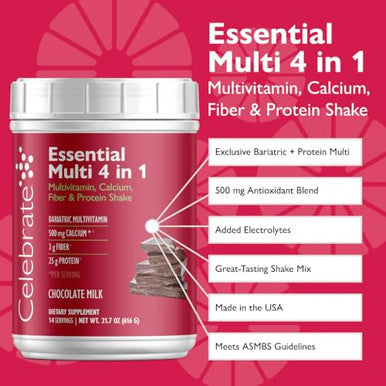 Celebrate Vitamins Essential Multi 4-In-1 Powder - Bariatric Multivitamin, 500Mg Calcium, 4G Fiber, 25G Protein Shake Mix - Chocolate Milk (14 Servings)