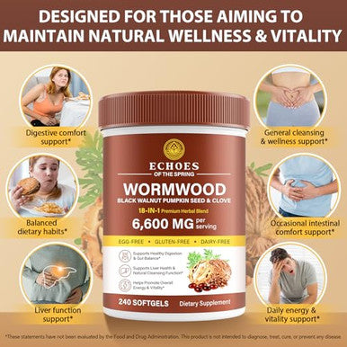 Echoes Of The Spring Wormwood Black Walnut Clove Cleanse For Humans 18-In-1 Herbal Gut Health & Digestive Support Formula 6600Mg Per Serving 240 Softgels 80 Day Supply With Pumpkin Seed Garlic & Oregano
