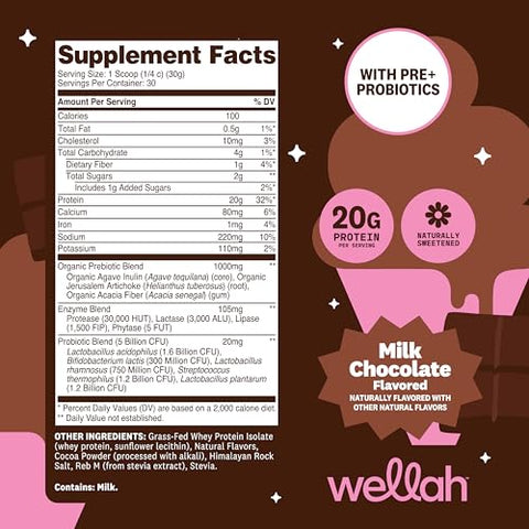 Wellah Grass-Fed Whey Protein Isolate Powder (Milk Chocolate) 30 Servings - With Prebiotics Enzymes & Probiotics 20G Of Protein 100 Calories Naturally Sweetened