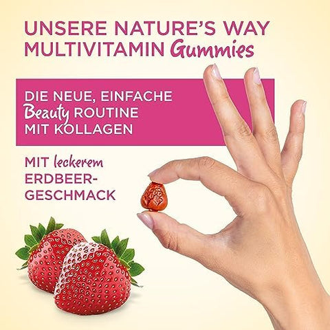 NatureS Way Alive Hair Skin and Nails Premium Gummies Beauty Formula With Collagen Biotin Vitamins C and E Strawberry Flavored 60 Gummies