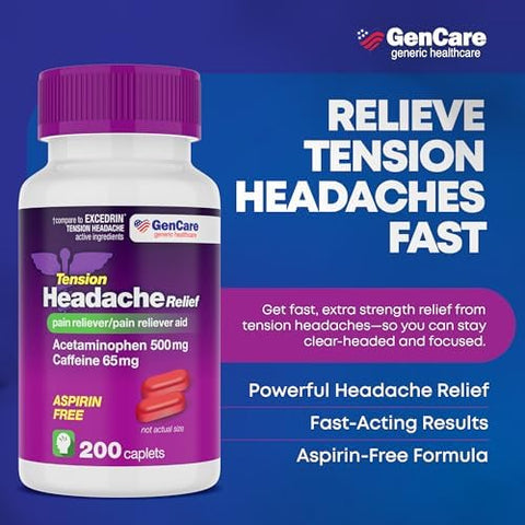 Gencare Tension Headache Relief Pain Reliever With Acetaminophen 500 Mg & Caffeine 65 Mg (200 Caplets) Best Value Bulk Extra Strength For Head Migraine Joint Pain & Body Ache Relief Medicine
