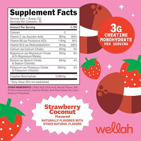 Wellah Creatine Electrolytes Powder (Strawberry Coconut) 30 Servings - Hydration Drink Mix With 3G Of Creatine Monohydrate