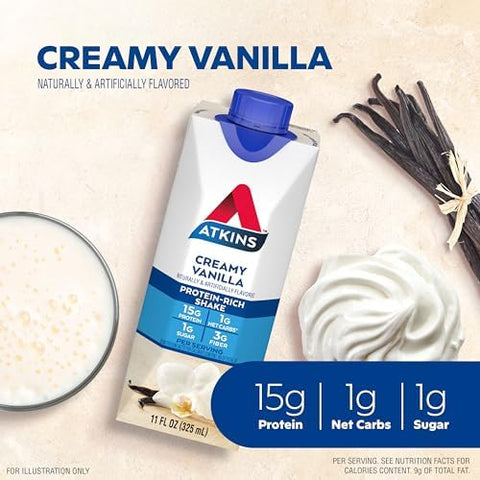 Atkins Creamy Vanilla Protein Shake 15G Protein Low Glycemic 2G Net Carb 1G Sugar Keto Friendly 12 Count (Pack Of 2)