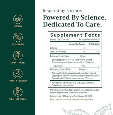 Gaia Herbs Pro Immune Activator Immune Support Supplement Features Ecea Ginger Root Elderberry & Andrographis Vegan Dairy & Gluten 40 Liquid Phytocaps (20 Servings)