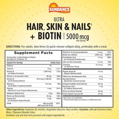 Sundance Hair Skin and Nails Complex 90 Softgels with Biotin 5000mcg NonGMO and Gluten Free Vitamin Supplement