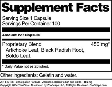 Terravita Constipation Formula - Artichoke, Black Radish And Boldo - 450 Mg (100 Capsules, Zin: 512136)