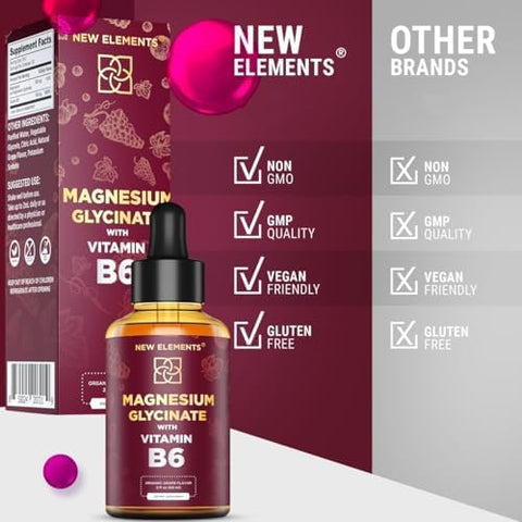 Elements Liquid Magnesium Glycinate Drops With Vitamin B6 - Magnesium Supplement 500Mg & Vitamin B6 100Mg Non-Gmo No Gluten Stress Relief Sleep & Relaxation Muscle & Heart Support Natural & Vegan