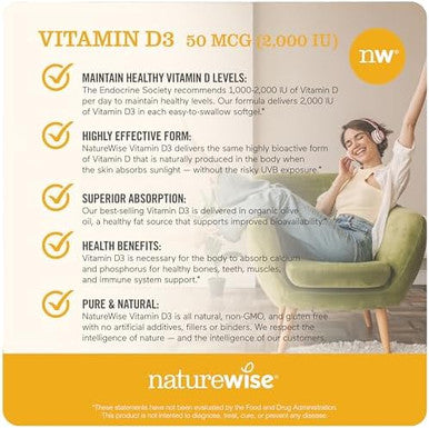 Naturewise Vitamin D3 5000Iu (125 Mcg) 1 Year Supply For Healthy Muscle Function, And Immune Support, Non-Gmo, Gluten In Cold-Pressed Olive Oil, Packaging Vary ( Mini Softgel), 360 Count