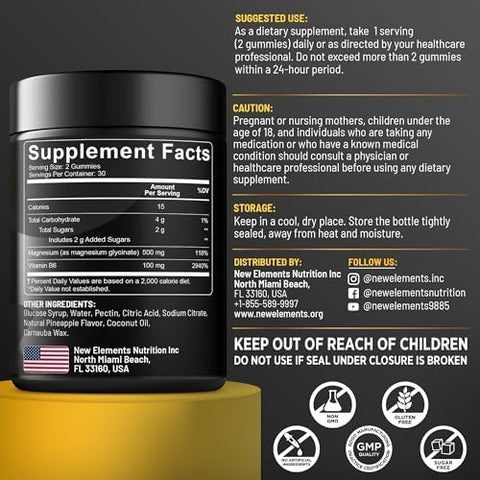 Elements Magnesium Glycinate Gummies 500Mg With Vitamin B6 100Mg For Adults And Kids - High Absorption Non-Gmo No Gluten Stress Relief Sleep & Relaxation Muscle & Heart Support Natural & Vegan