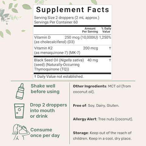 Micro Ingredients 2 Pack Vitamin D3 10000 Iu K2 (Mk-7) 200 Mcg Drops 4 Fl Oz Plus Black Seed & Mct Oil 4-In-1 Bone Immune & Heart Health Support Easy Absorption