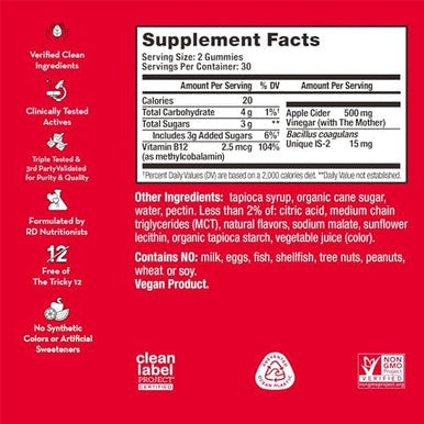 Hum Pro Acv Gummies 100% Organic Apple Cider Vinegar With The Mother Probiotics For Digestive Health & B12 For Metabolism Support (60 Count)