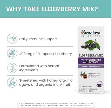 Himalaya Elderberry Mix Drink Mix Supplement Immune Support With Elderberry Zinc Vitamin C And Holy Basil Caffeine 100.15 Oz (4.3 G) Packets Easy To Mix Gluten