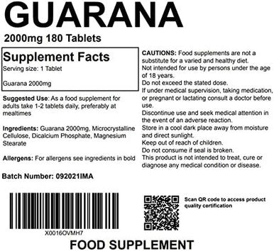 Guarana Extract 2000Mg 180 Tablets - Energy Supplement Natural Caffeine Focus And Alertness Vegan