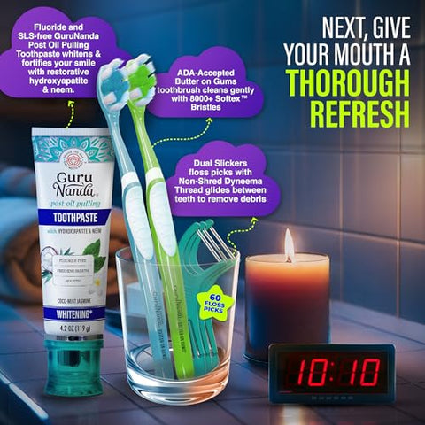 Gurunanda Nighttime Wellness Care Kit Ashwagandha Oil Pulling Hydroxyapatite Toothpaste Magnesium Spray Toothbrush Floss Picks Vitamin E Oil & Sleep Spray