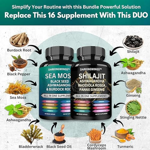 Shilajit and sea Moss Combo Shilajit Capsules Added Ashwagandha Sea Moss Ginger and Black Seed Oil Rhodiola Rosea Panax Ginseng Seamoss and shilajit Bundle All in one Supplement
