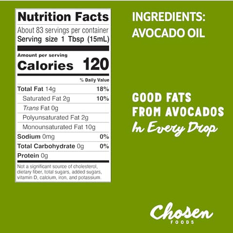 Chosen Foods 100% Pure Avocado Oil, Keto Diet Friendly, Kosher Oil for Baking, High-Heat Cooking, Frying, Homemade Sauces, Dressings and Marinades (1.25 liters)(42.3 fl oz)