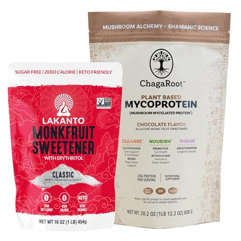 Lakanto Classic Monk Fruit Sweetener with Erythritol 1 lb and ChagaRoot MycoProtein Mushroom Protein Powder Chocolate 1.76 lb