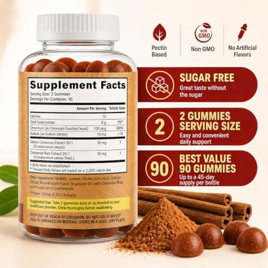 Flamingo Supplements Sugar Free Ceylon Cinnamon Gummies Sugar Regulation Neuroprotective- Supplement with Chromium and Cinnamon Bark- Alternative to Cinnamon Capsules - 90 Chews