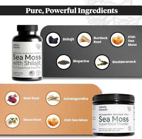 Atlantic Naturals Sea Moss Superfood Bundle Sea Moss with Shilajit 5in1 Capsules and Sea Moss Powder with Ashwagandha Beet Root and Maca Root Enhanced Vitality Skin and Athletic Support 60 ct and 150g