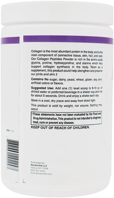 Bariatricpal Collagen Peptides Powder (Unflavored Hydrolyzed Type 1 & 3 Grass Fed) Skin Hair Nail & Joint Support (14 Servings) 9.88 Oz.