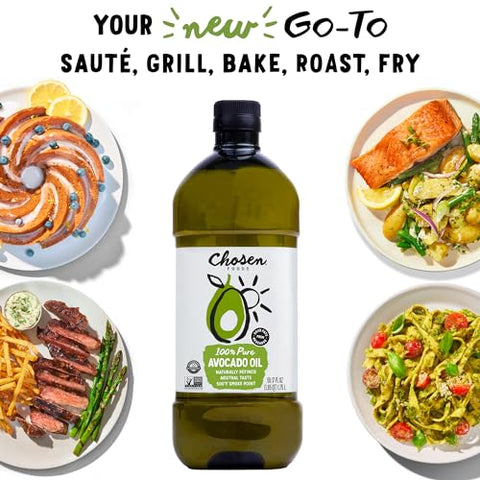 Chosen Foods 100% Pure Avocado Oil for Cooking - 1.75L - Made With Good Fats from Avocados, Naturally Refined, Never Adulterated, High Smoke Point, Non-GMO, Soy-Free, Canola Oil-Free, Gluten-Free, Keto