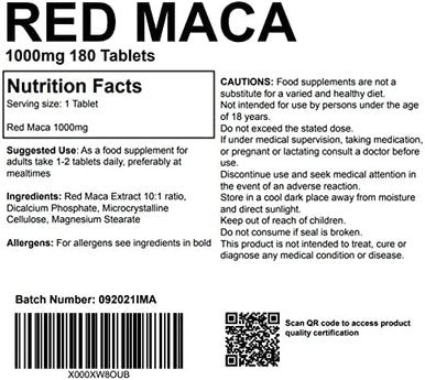 Red Maca Root 1000mg 180 Tablets Reproductive Health Supplement UK Made. Pharmaceutical Grade