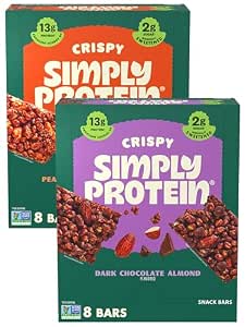 Simply Protein - Crispy Bars Variety Pack, Peanut Butter + Dark Chocolate Almond - Plant Based Protein Bars - 13g Protein, 2g Sugar, 7g Fiber - Vegan, Gluten Free, Non GMO - 16 Bars, 2 Boxes