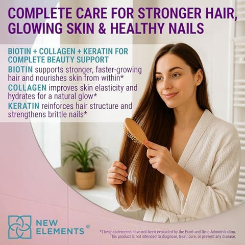 Elements Biotin Gummies With Keratin & Collagen Peptides - Advanced Supplement For Hair Growth Treatment For Men & Women Hair Skin And Nails Vitamins Biotin 10000Mcg Keratin 100000Mcg Collagen 100000Mcg