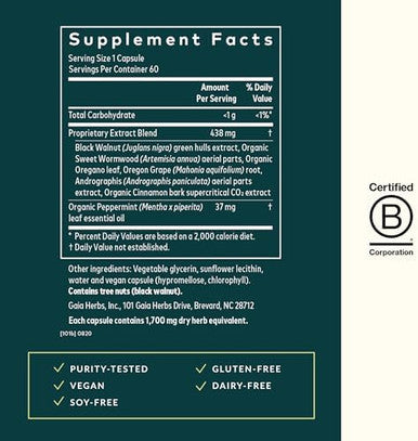 Gaia Herbs Microbiome Cleanse With Black Walnut Sweet Wormwood Oregano & Peppermint 60 Vegan Liquid Phytocapsules (30Day Supply)