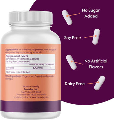 Bestvite L-Proline 500mg (120 Vegetarian Capsules) - No Stearates - No Fillers - Vegan - Gluten - Non GMO