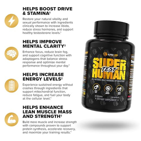 Alpha Lion Superhuman Test Natural Testosterone Booster For Men Boost Energy Drive Muscle Strength & Mental Focus With Primavie Shoden Ashwagandha & Testosurge