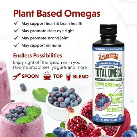 Barlean'S Liquid Flaxseed Borage And Algae Oils Omega 3 Supplement Pomegranate Blueberry Flavor Vegan Epa And Dha Flax And Borage Seed Oil With 3980 Mg Of Omega-3-6-9 16 Oz
