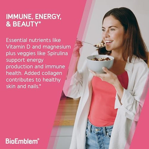 BioEmblem Women's Multivitamin Complete Daily Multi for Immunity Energy Hair Skin with Vitamin A B12 B6 D3 Biotin Iron Magnesium Collagen and Veggie Blends Gluten Free 90 Capsules