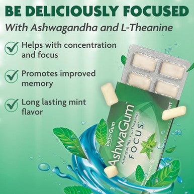 Ashwagum Focus Gum By Bettergum, High Potency Brain Supplement With Ksm 66 Ashwagandha And L Theanine, Supports Concentration And Memory, Alternative To Gummies, Sugar-Free, Pack Of 2